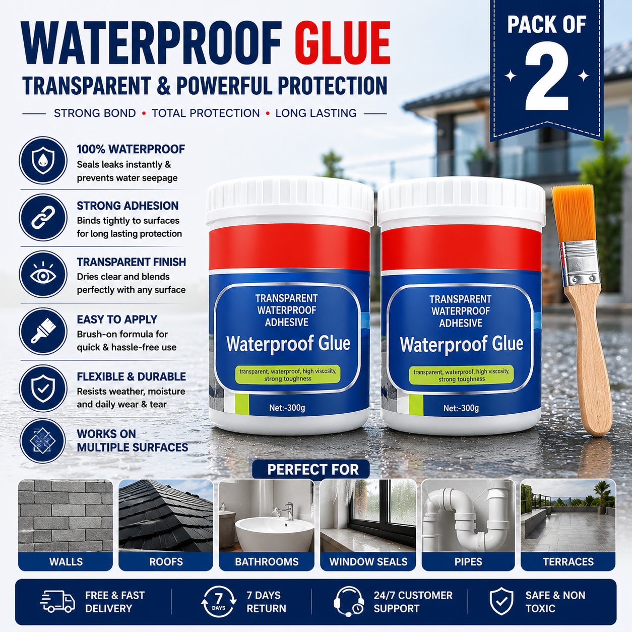 Transparent Waterproof Glue (Pack Of 2 ) + Free Brush