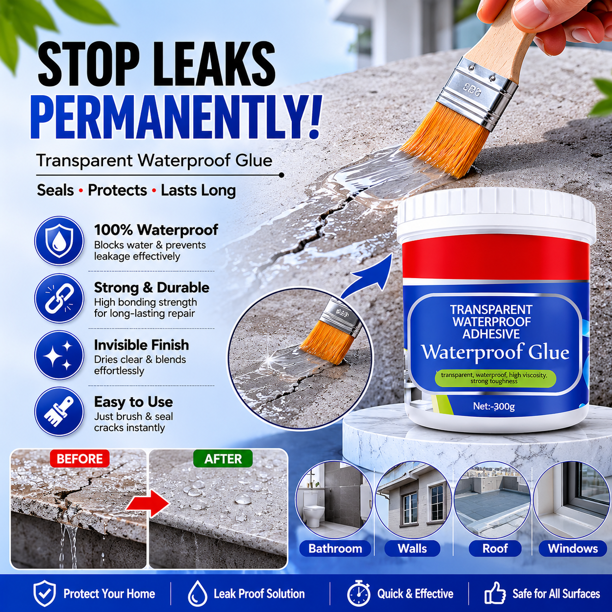 Transparent Waterproof Glue (Pack Of 2 ) + Free Brush