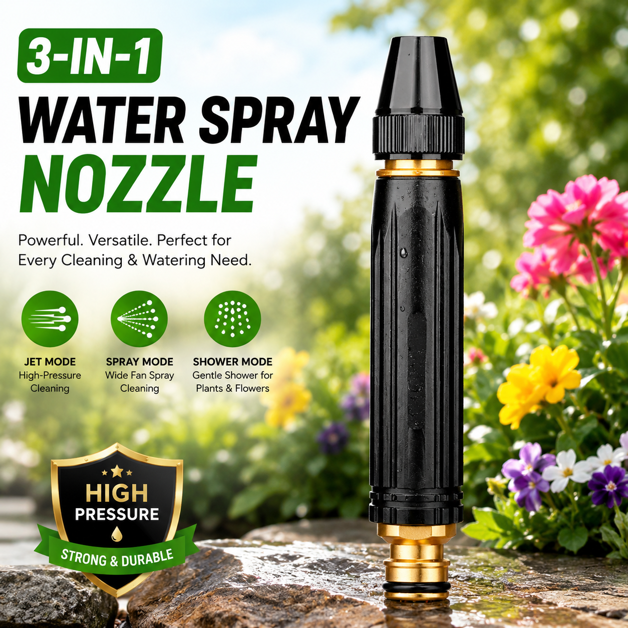 Portable High Pressure Washing Water Nozzle with 3 attachments (Black)