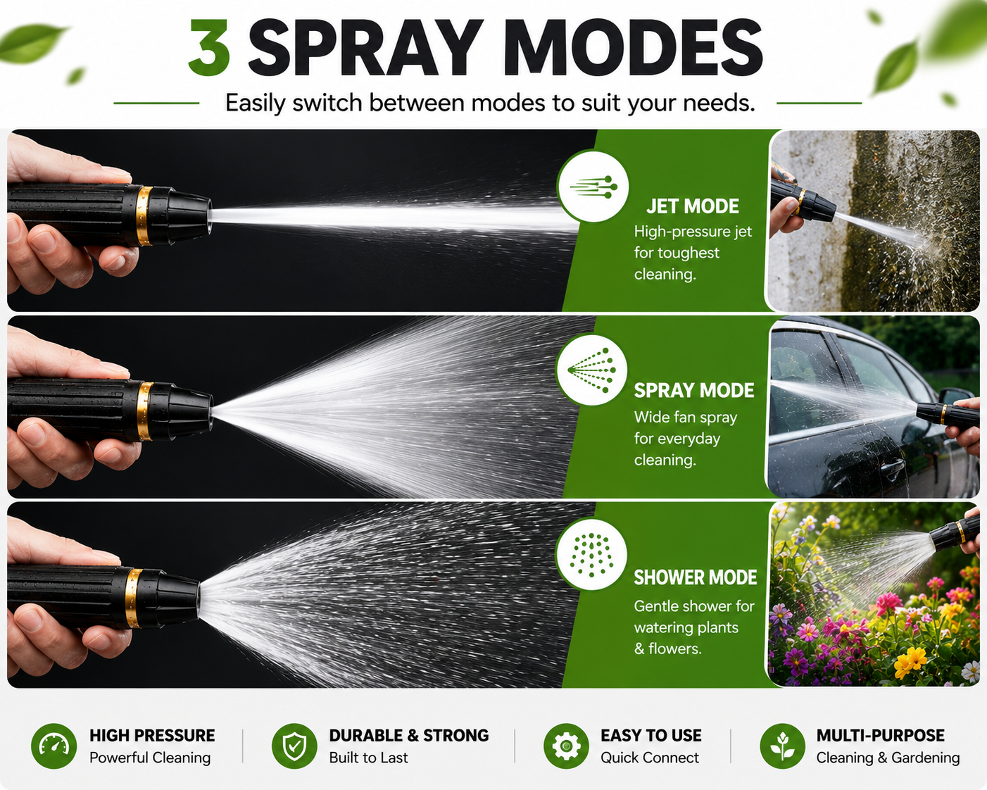 Portable High Pressure Washing Water Nozzle with 3 attachments (Black)