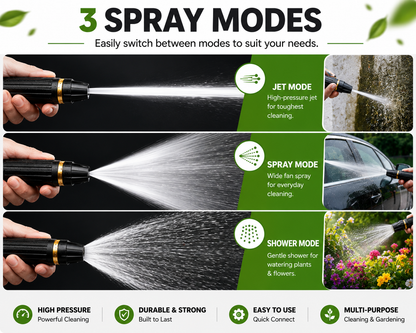 Portable High Pressure Washing Water Nozzle with 3 attachments (Black)