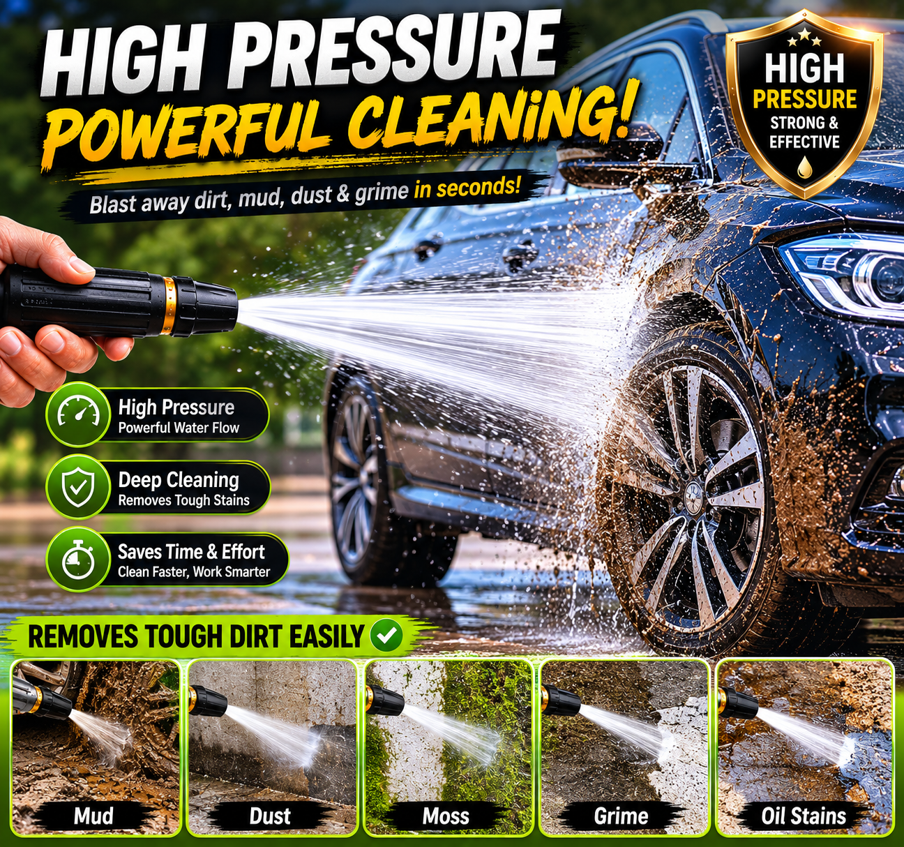 Portable High Pressure Washing Water Nozzle with 3 attachments (Black)