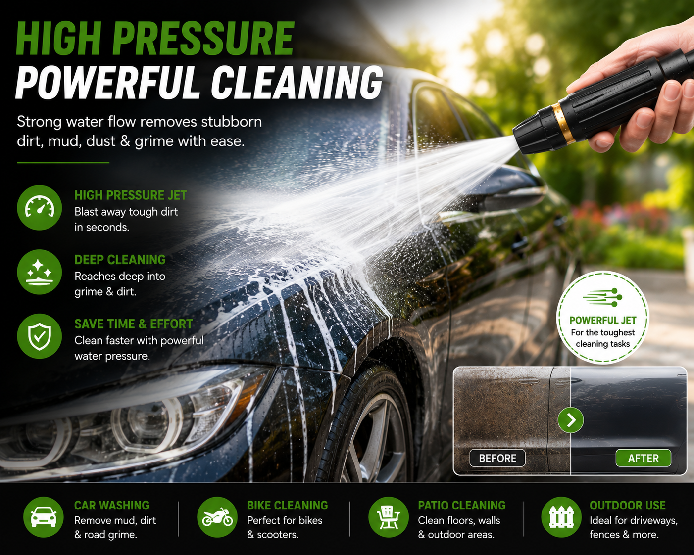 Portable High Pressure Washing Water Nozzle with 3 attachments (Black)