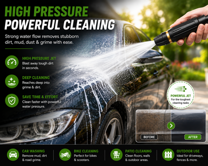 Portable High Pressure Washing Water Nozzle with 3 attachments (Black)