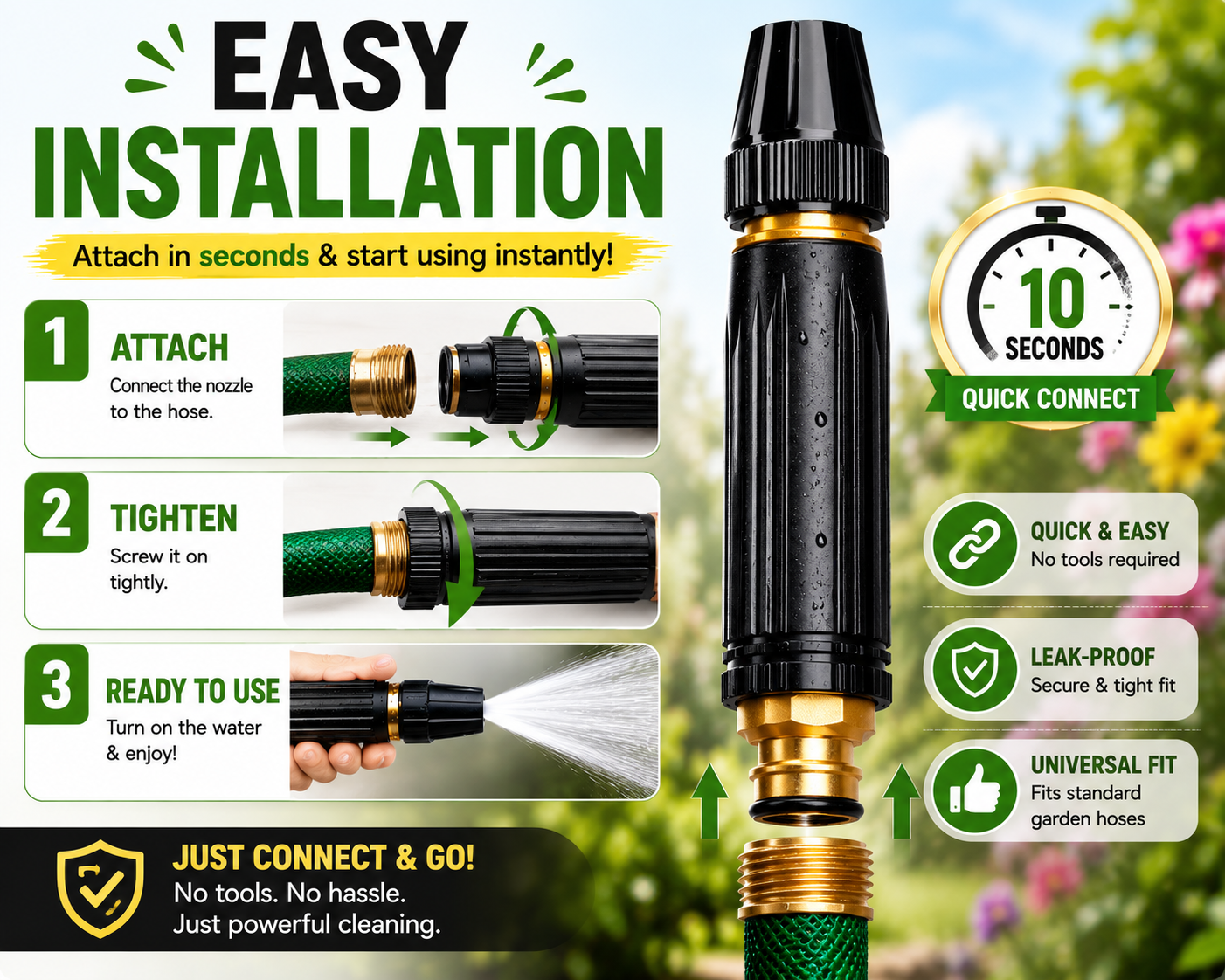 Portable High Pressure Washing Water Nozzle with 3 attachments (Black)