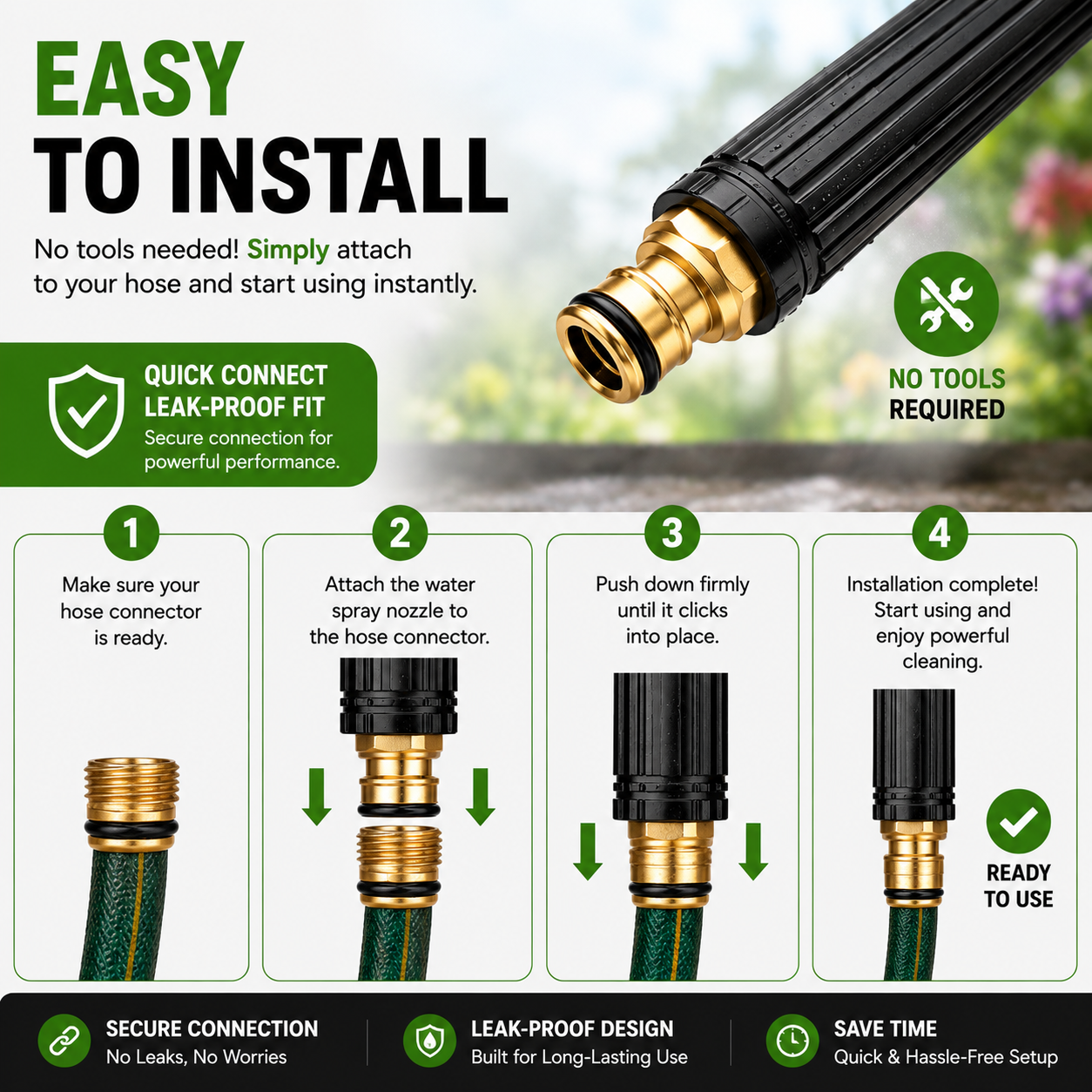 Portable High Pressure Washing Water Nozzle with 3 attachments (Black)