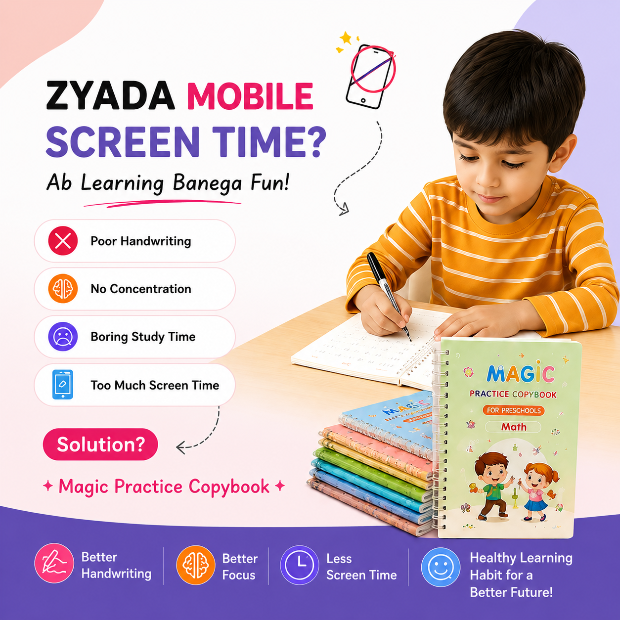 Magic Practice Copybook (4 BOOKS,1 PEN,1 GRIP,10 REFILL)